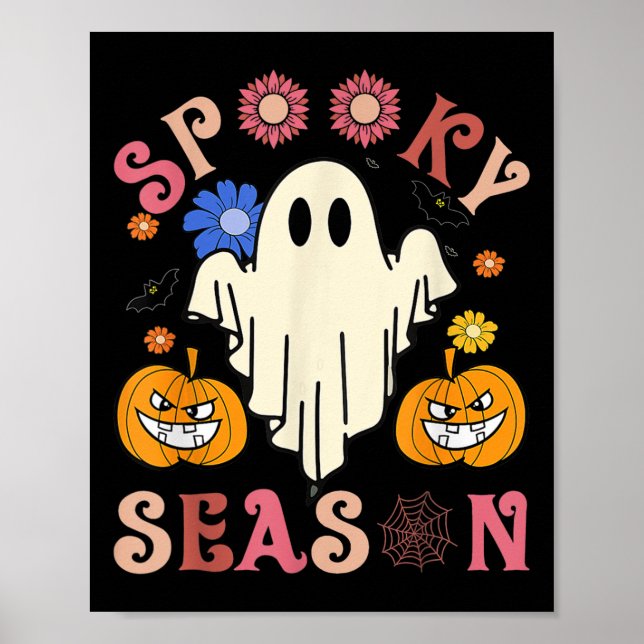 Groovy Spooky Season Niedlich Ghost Holding Pumpki Poster (Vorne)