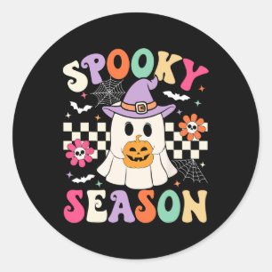 Groovy Spooky Season Retro Ghost Holding Pumpkin H Runder Aufkleber
