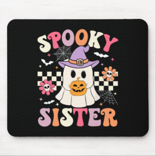 Groovy Spooky Sister Retro Ghost Holding Pumpkin H Mousepad