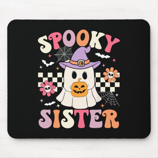 Groovy Spooky Sister Retro Ghost Holding Pumpkin H Mousepad (Vorne)