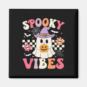 Groovy Spooky Vibes Retro Ghost Holding Pumpkin Ha Magnet