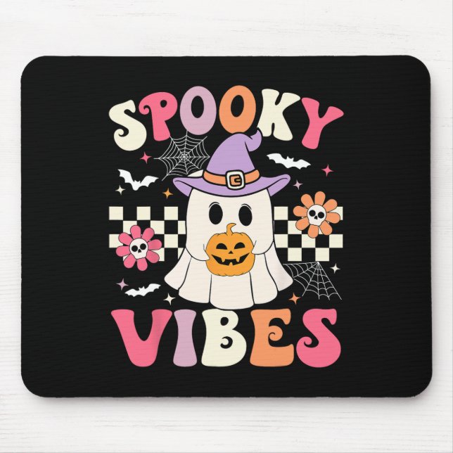 Groovy Spooky Vibes Retro Ghost Holding Pumpkin Ha Mousepad (Vorne)