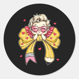 Groovy Teacher Valentine Coquette Bow Pencil Teach Runder Aufkleber