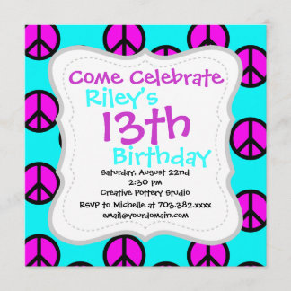 Groovy Teen Hippie Aquamarine und Lila Friedenszei Einladung