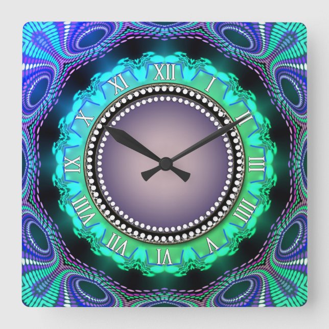 Groovy Time Aqua Green Lila Wall Clock Quadratische Wanduhr (Vorderseite)