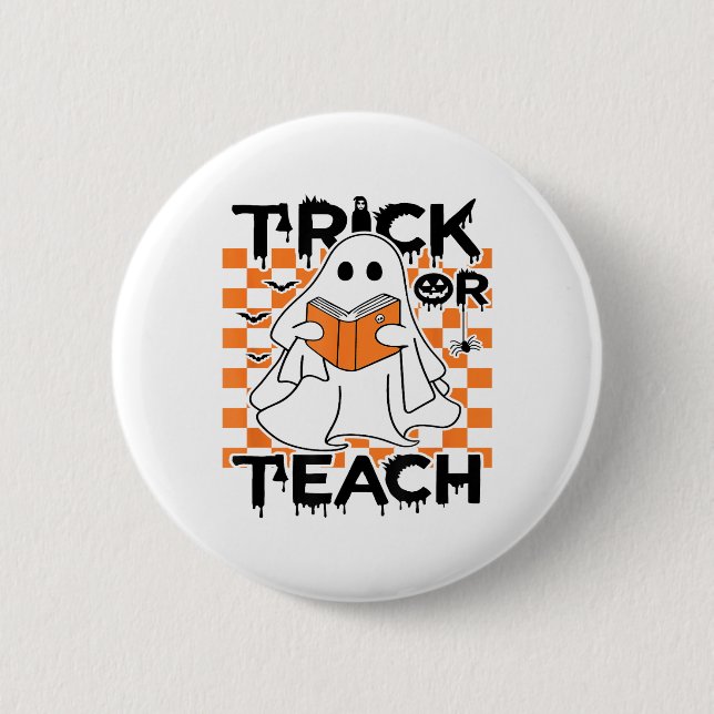 Groovy Trick oder lehren Ghost Lehrer Halloween Button (Vorderseite)