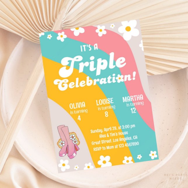 Groovy Triple Birthday Daisy Joint Sibling Party Einladung (Von Creator hochgeladen)