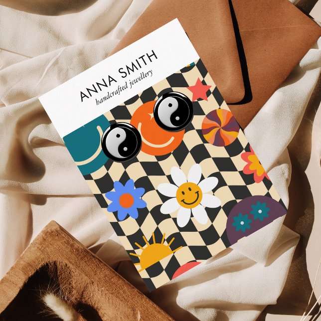 Groovy Trippy Retro Muster Emoji Earring Display Visitenkarte (Von Creator hochgeladen)