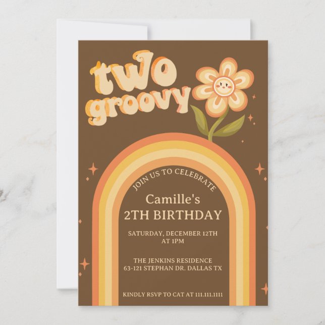Groovy Two boho daisy Regenbogen Geburtstag Einladung (Vorderseite)
