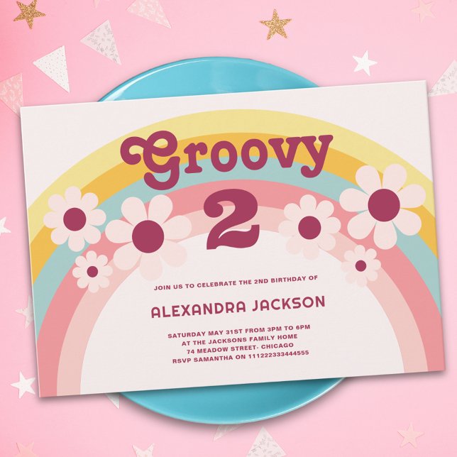 Groovy Two Daisy Rainbow 2. Party Einladung (Groovy 2 pastel daisy rainbow retro 2nd birthday party invitation pink yellow )