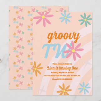 Groovy Two floral Erster Geburtstag Retro Party Einladung