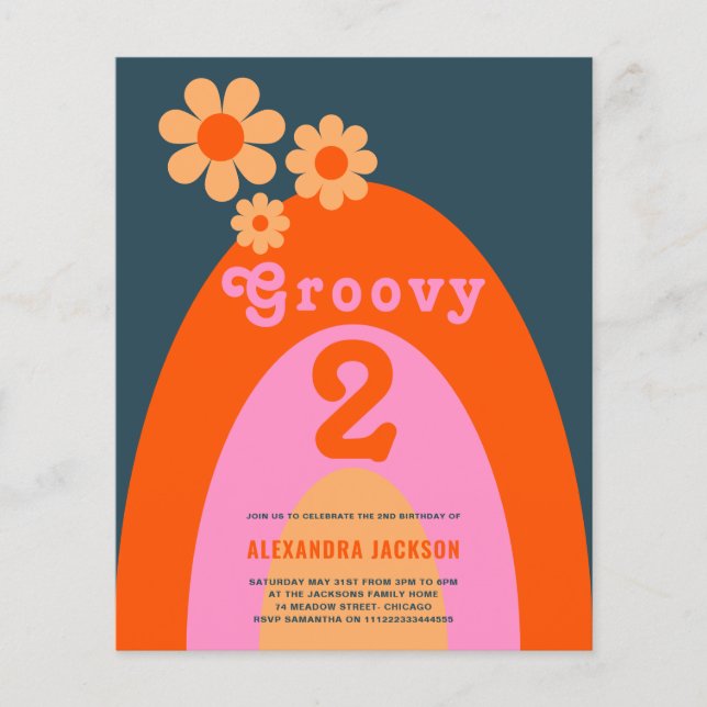 Groovy Two Retro 2. Geburtstag Party Budget Flyer (Vorne)