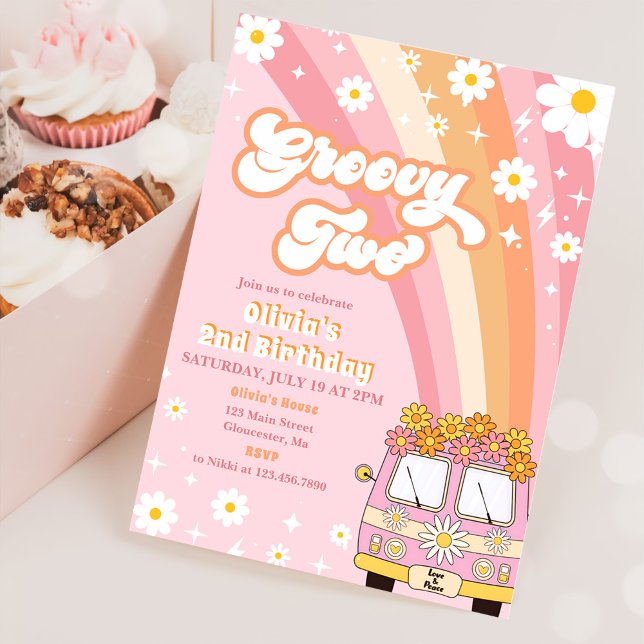 Groovy Two Retro Rainbow 2. Geburtstag Einladung (Von Creator hochgeladen)
