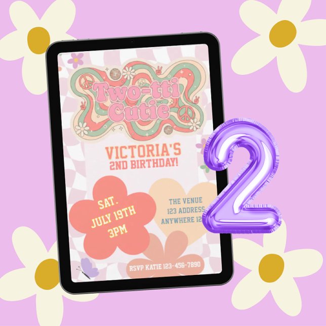 Groovy Two-tti Süße, Retro-Rosa 2. Geburtstag Einladung (Von Creator hochgeladen)