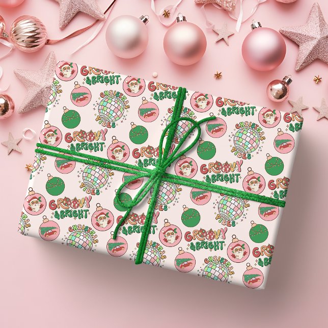 Groovy und hellrosa und grün Retro-Feiertag Geschenkpapier (Von Creator hochgeladen)