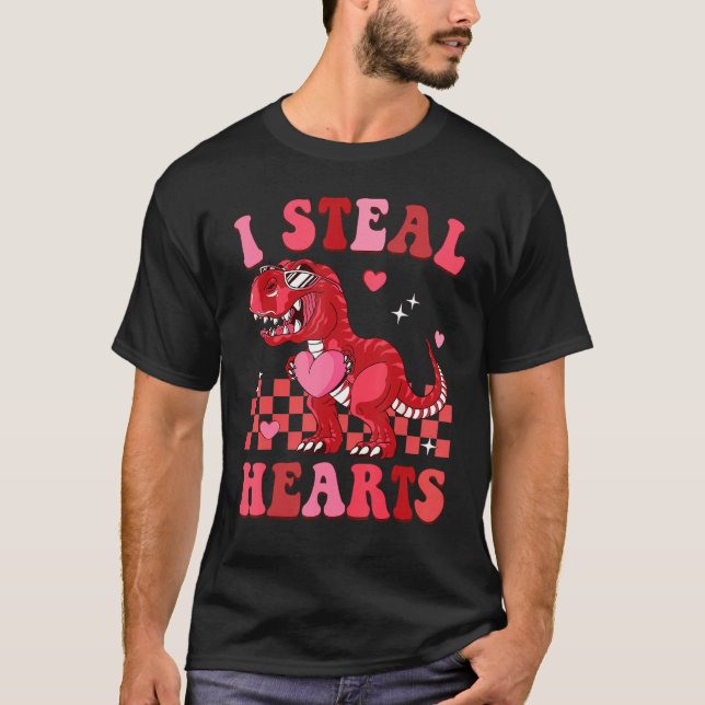 Groovy Valentine Day I Steal Hearts Dinosaur Coupl T-Shirt (Vorderseite)
