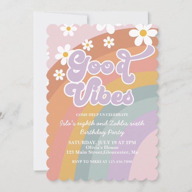 Groovy Vibes Retro Rainbow Birthday Einladung (Vorderseite)