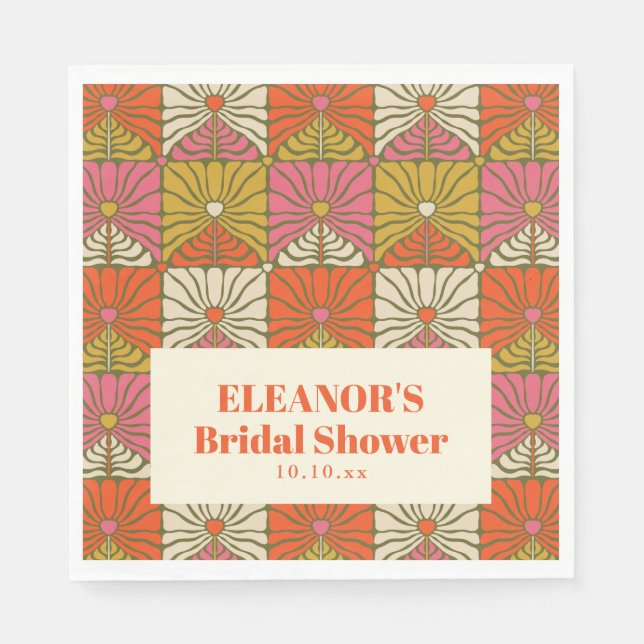 Groovy Vintage Orange Blumige Hochzeitsdusche Name Serviette (Vorderseite)
