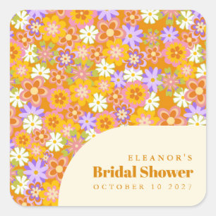 Groovy Vintage Orange Floral Benutzerdefinierte Br Quadratischer Aufkleber