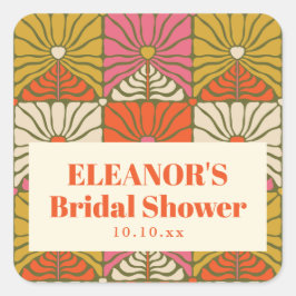 Groovy Vintage Orange Floral Bridal Shower Favor Quadratischer Aufkleber