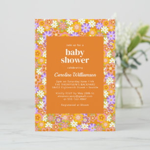 Groovy Vintage Orange Lila Blumen Baby-Party Einladung