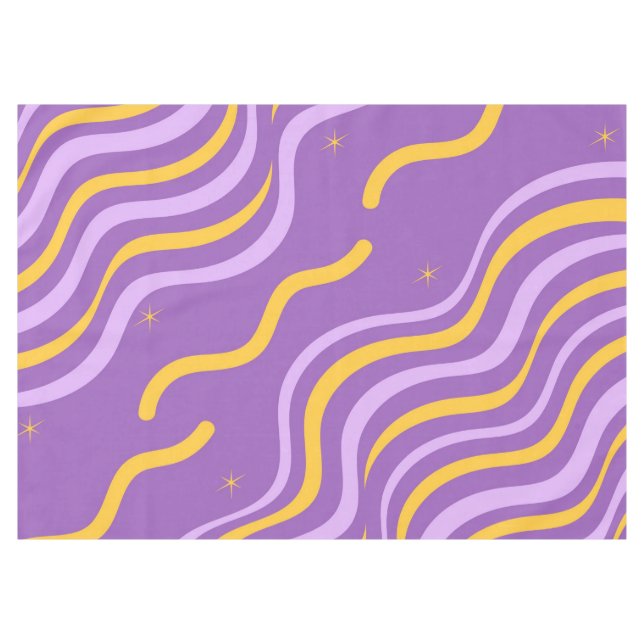 Groovy Wavy Stripe Lila Gelber Abstrakter Frühling Tischdecke (Vorderseite (Horizontal))