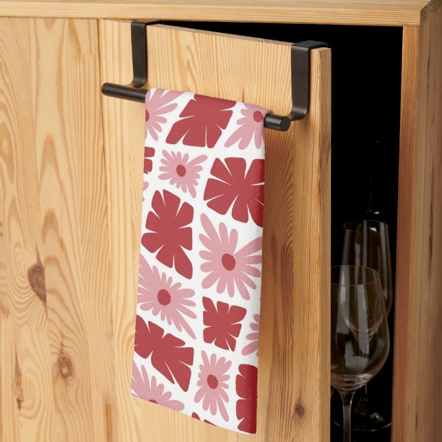 Groovy Wavy Trippy 60er Blume Karo Rot Rosa Geschirrtuch (Drittel gefaltet)