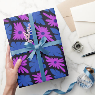 Groovy Wavy Trippy 60er Blume Karos Blue Pink Geschenkpapier