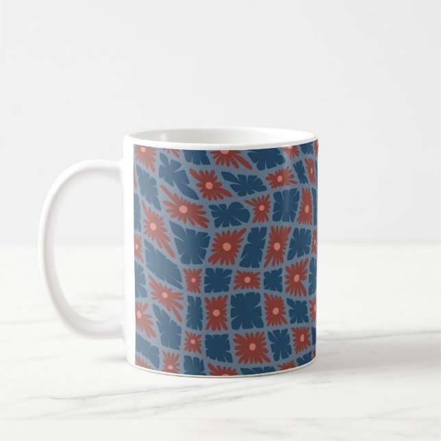 Groovy Wavy Trippy 60er Blume Karos Blue Red Kaffeetasse (Links)