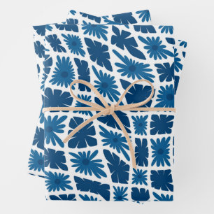 Groovy Wavy Trippy 60er Blume Karos Blues Geschenkpapier Set