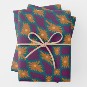 Groovy Wavy Trippy 60er Blume Karos Orange Pink Geschenkpapier Set