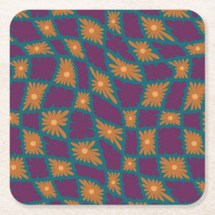 Groovy Wavy Trippy 60er Blume Karos Orange Pink Rechteckiger Pappuntersetzer