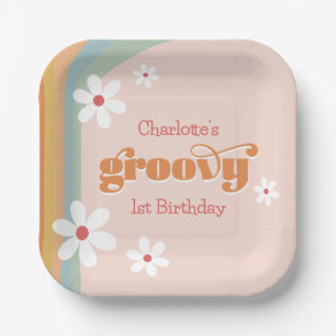 Groovy White Daisies Girl's 1. Geburtstags-Party Pappteller