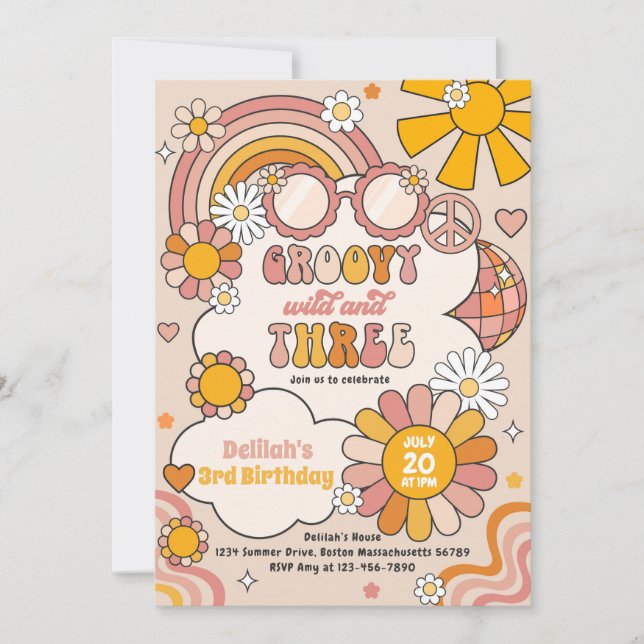 Groovy Wild & Three Flower Power Rainbow Birthday Einladung (Vorderseite)