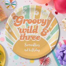 Groovy wild und drei Retro-Sonnen-Kindergeburtstag Pappteller