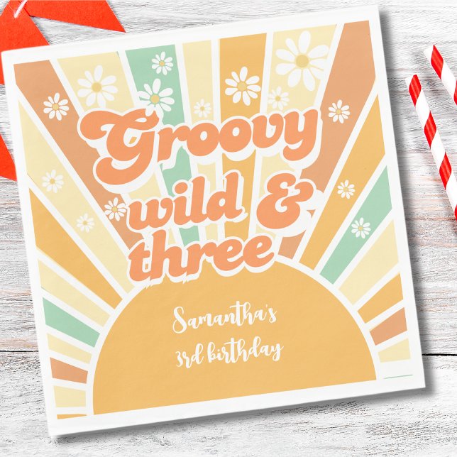 Groovy wild und drei Retro-Sonnen-Kindergeburtstag Serviette (Von Creator hochgeladen)
