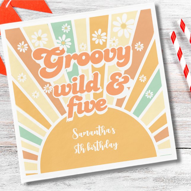 Groovy wild und fünf Retro-Sonnen-Kindergeburtstag Serviette (Von Creator hochgeladen)