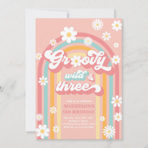 Groovy Wild und Three Boho Daisy Rainbow Birthday Einladung