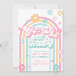 Groovy Wild und Three Boho Daisy Rainbow Birthday Einladung