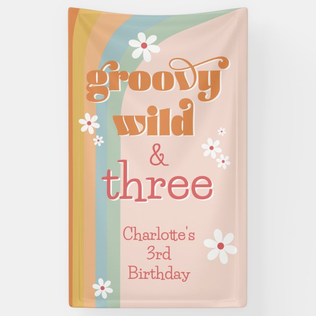 Groovy Wild und Three White Daisy Girl's Birthday Banner (Vertikal)