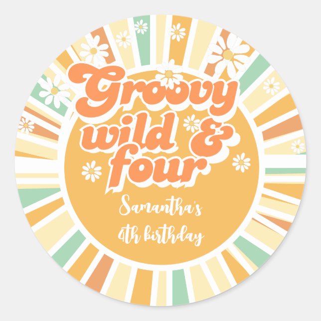 Groovy wild und vier Retro-Kindergeburtstag Runder Aufkleber (Vorderseite)