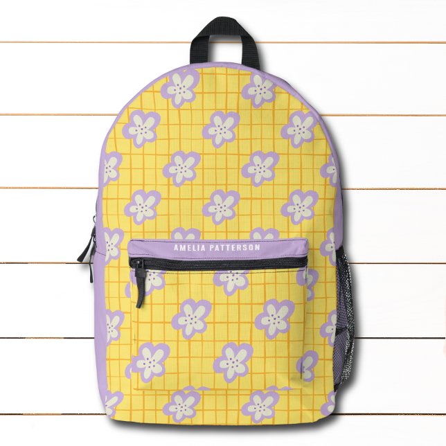 Groovy Yellow Lila Moderne Blumenwelt Personalisie Bedruckter Rucksack (Von Creator hochgeladen)