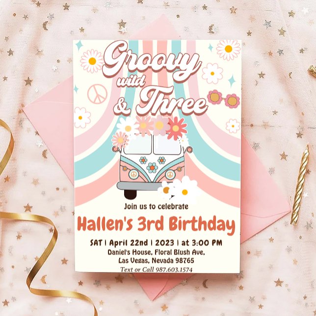 Groovy Young Wild & Three Rainbow 3. Geburtstag Einladung (Von Creator hochgeladen)