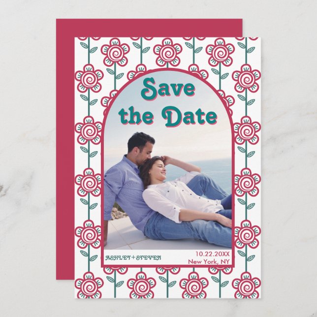 Groovymagenta und aquamarine Blume 70er inspiriert Save The Date (Vorne/Hinten)