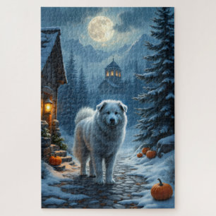 Großartige Pyrenäen Mondlicht-Halloween-Dorfkunst Puzzle