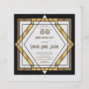 Großartiger Gatsby Gold Weiße Art Deco 50. Geburts Einladung