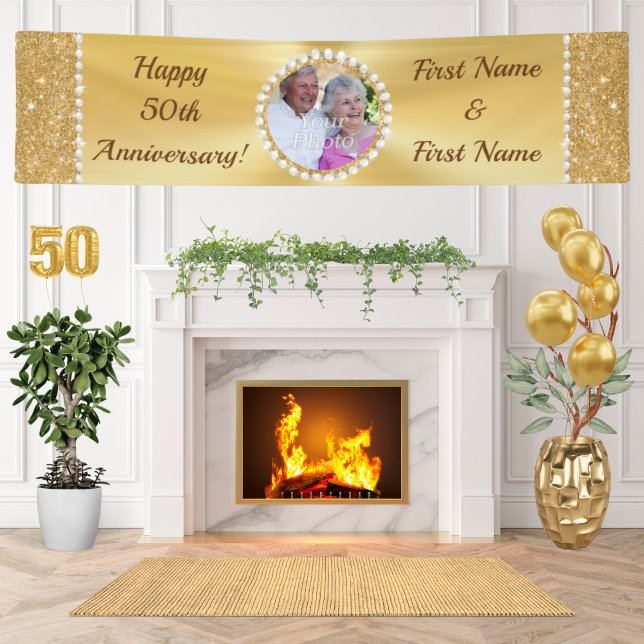 Großartiger Golden, Happy Banner zum 50. Jahrestag (Large Personalized 50th Wedding Anniversary Banner. Golden Anniversary Decorations for Parents. )