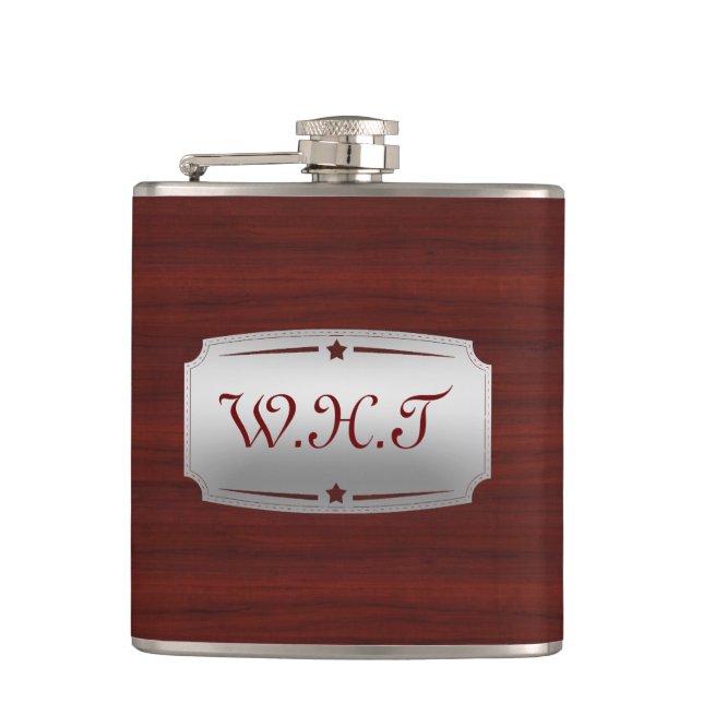 Großartiges Rotes Holz und Silberdruckmonogramm Flachmann (Vorderseite)