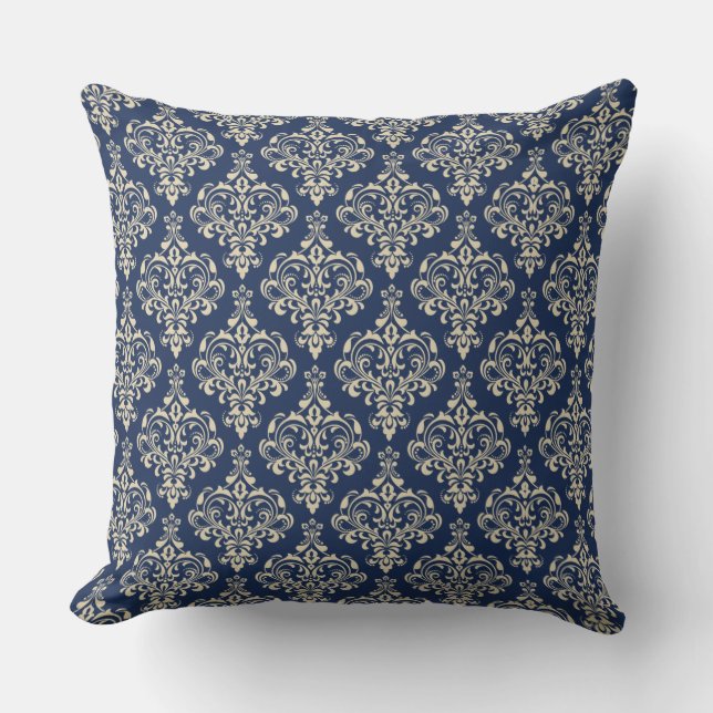 Großartiges Royal Blue Classic Elegantes Damask Mu Kissen Für Draußen (Vorderseite)