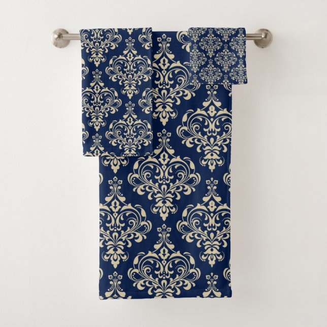 Großartiges Royal Blue Elegante Damask Muster Badhandtuch Set (Insitu)